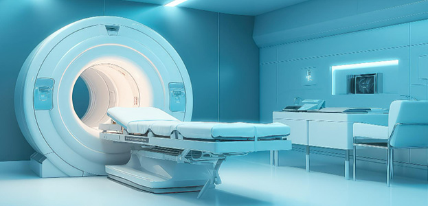 Une pièce blanche d’un hôpital avec une machine IRM de radiologie