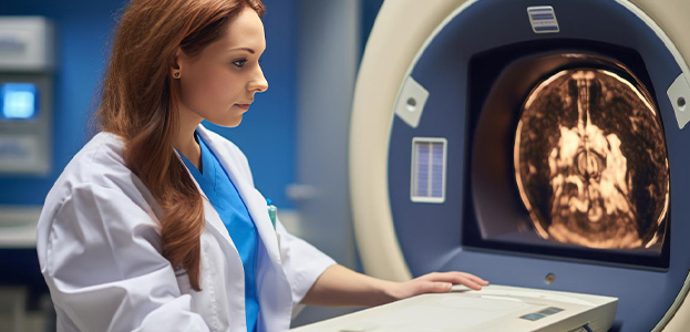 Une femme médecin consulte les résultats en direct d’une radiologie d’un patient sur un écran